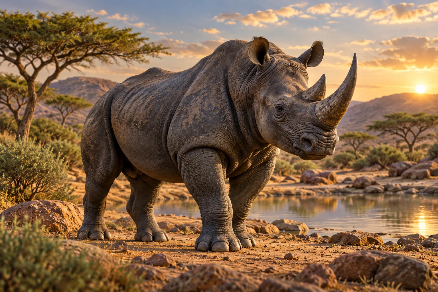 Black rhinoceros near a watering place