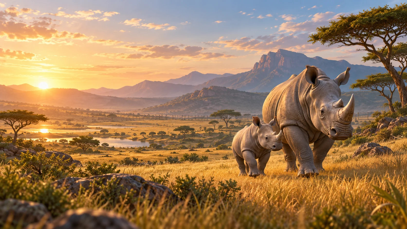 A mother rhinoceros and calf walking through a wide savanna landscape at sunset