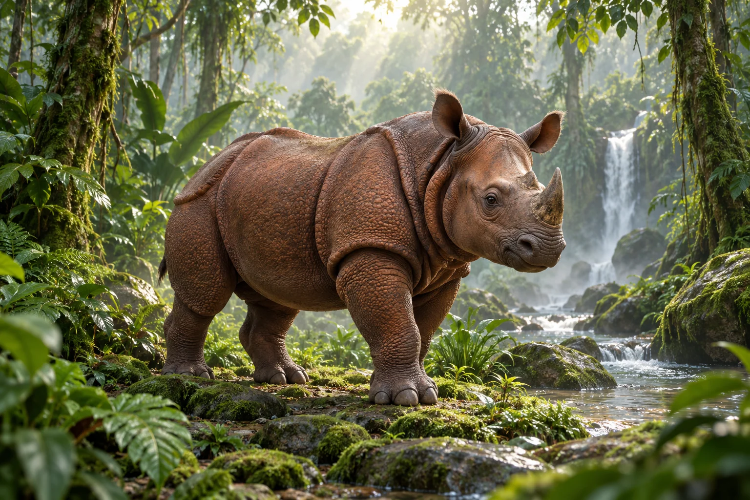 Sumatran rhinoceros in dense green habitat