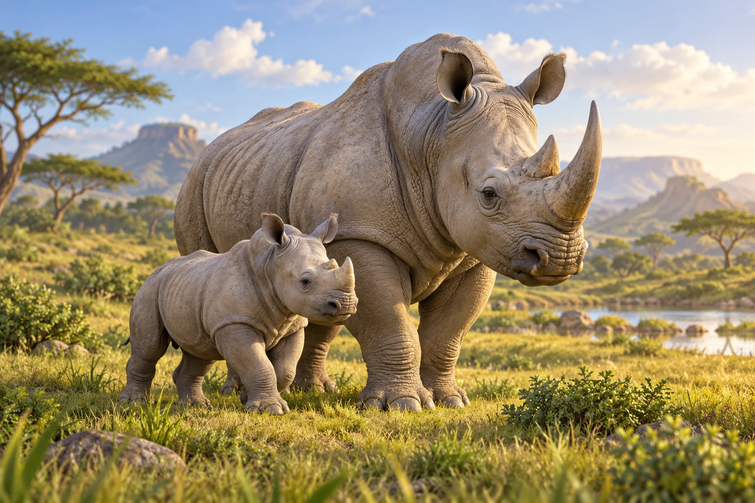 A white rhinoceros and calf together in open grassland